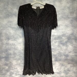 Vintage Silky Nites New York Beaded 100% Silk Cocktail Dress Black Size 8